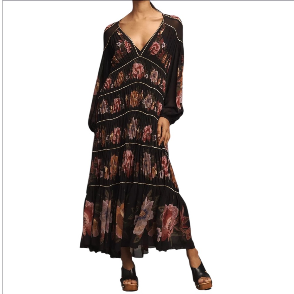 Farm Rio Chenille Flowers Floral V-Neck Long Sleeves Maxi Dress Size S